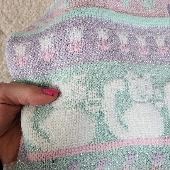 Vintage 1980s Rose Cats Fairy Kei Kawaii Pastel Sweater Sparkle Thread large - Picture 10 of 10